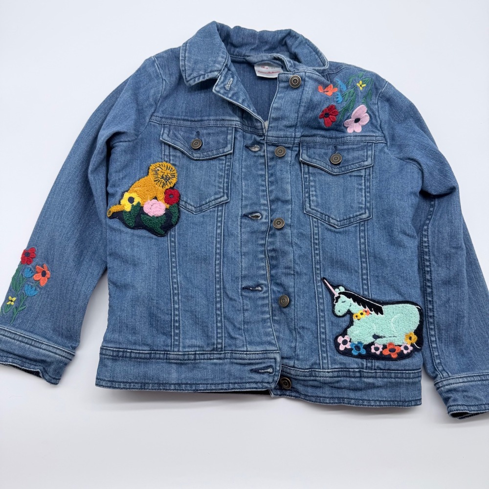 Hanna Andersson Girls Sherpa Lined Denim Jacket Lion Unicorn Embroidered Blue 8